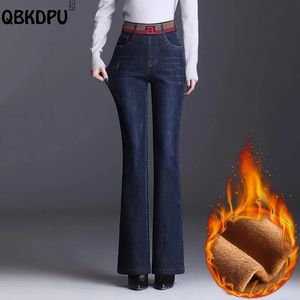 Plus fluwelen winterflare jeans vrouwen vintage hoge taille stretch dunne vaqueros dikker warme denimpant elegante pluche pantalones 240315