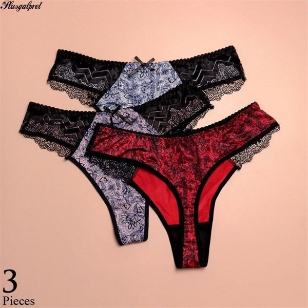 Plusgalpret 3 pièces/lot tongs imprimé fleuri pour femmes culotte grande taille L-5XL sexy dentelle string filles slips culotte élastique 220426