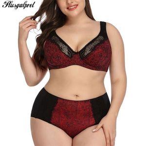 PlusGalpret Floral Print Lace Bra and Panty Set Mujeres Sexy Lingerie Bra Set Intimates Ladies Underwear Set 85-110 D Cup XL-6XL 211104