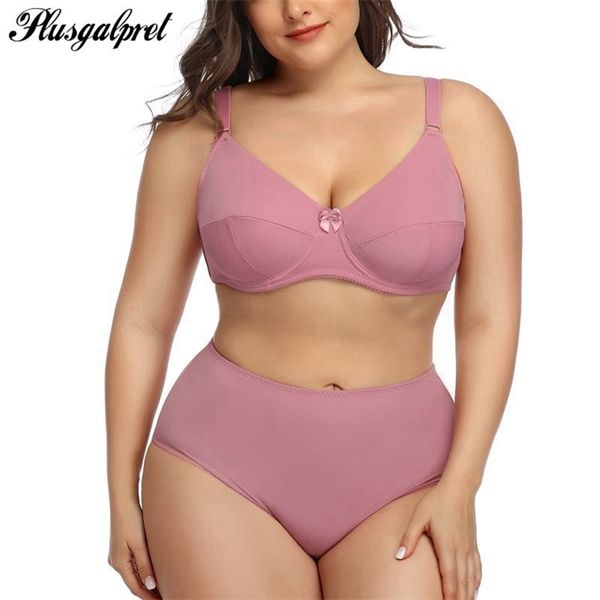 Plusgalpret Sexy Haute Qualité Femmes Solide Couleur Soutien-Gorge Ensemble Sans Doublure Push Up Grande Taille Sous-Vêtements En Soie Arc Soutien-Gorge et Culotte Lisse Y200708