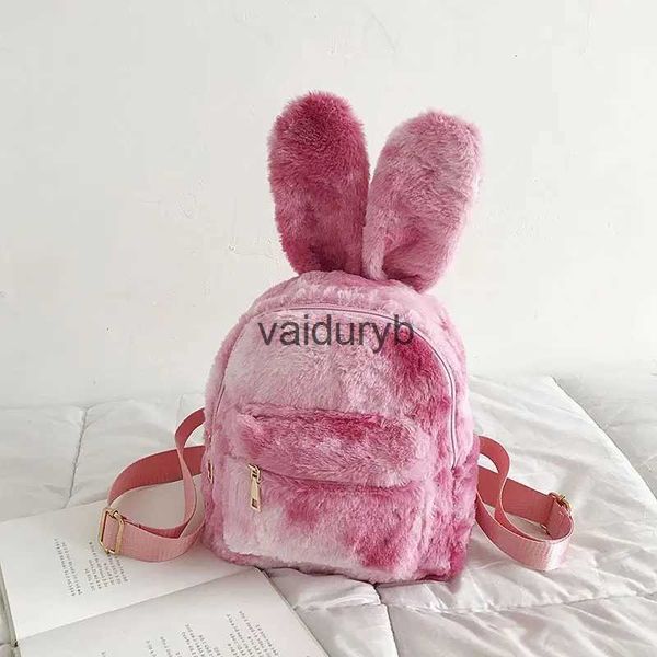 Mochilas de felpa Portadores de gatos Cajas Casas Lindas orejas de conejo Tie Dye Mochila para mujeres Bolsa de hombros de piel sintética Furry Mini Girl Fluffy 2021 Invierno Newvaiduryb