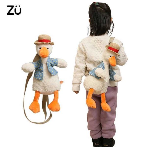 Mochilas de felpa ZU Lindo bolso de hombro de pato de peluche con ropa y sombrero de paja Animal Kawaii Mochila Quacker de peluche suave para niños niña niño L2403