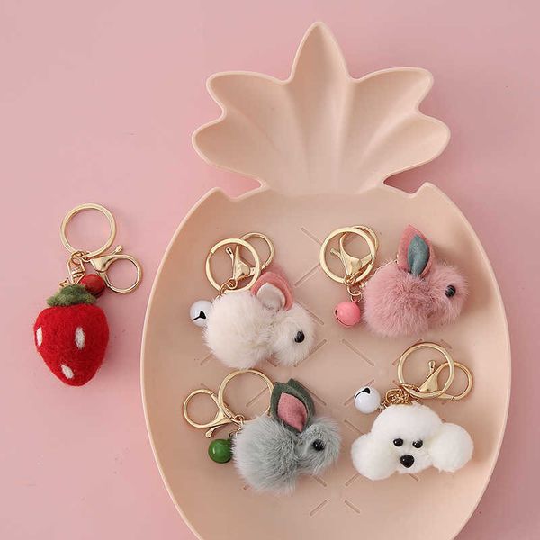 Peluche lapin porte-clés mignon dessin animé cadeau Couple mode Teddy fraise animal de compagnie petit pendentif porte-clés poupée laine feutre travail manuel bijoux G1019