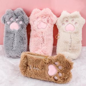 Peluche chat patte crayon sac kawaii Animal porte-stylo pochette créative filles école fermeture éclair papeterie sacs