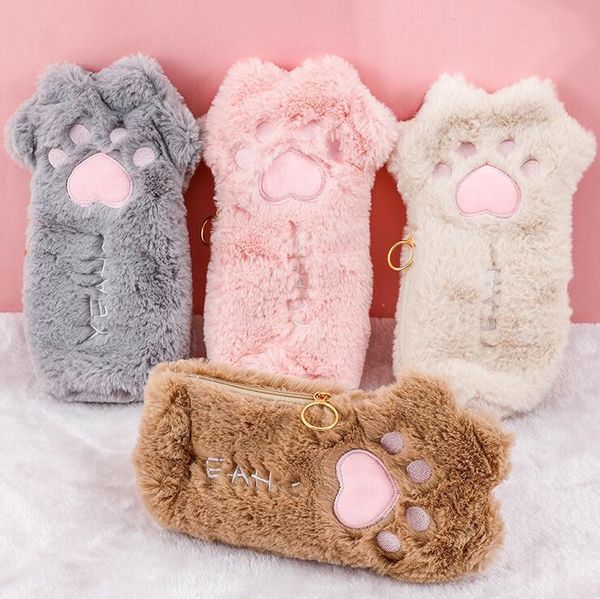 Bolsa de lápices con forma de pata de gato de peluche, soporte para bolígrafos de animales kawaii, bolsas creativas para niñas, bolsas de papelería con cremallera para la escuela