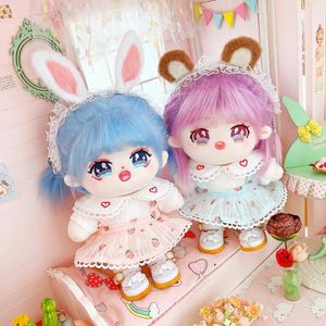 Muñecas de peluche 20 cm Ropa de muñeca Vestido de fresa Oreja de conejo Traje Accesorios para Corea Kpop EXO Cotton Idol Regalo DIY Juguetes 230823