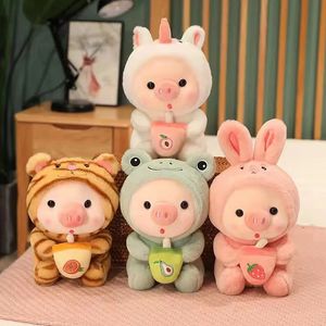 Poupées en peluche 25 cm Kawaii Bubble Tea Pig Toy Peluche Animal Lapin Grenouille Tigre Oreiller Tasse Lait Boba Plushie Poupée Cadeau d'anniversaire 231206