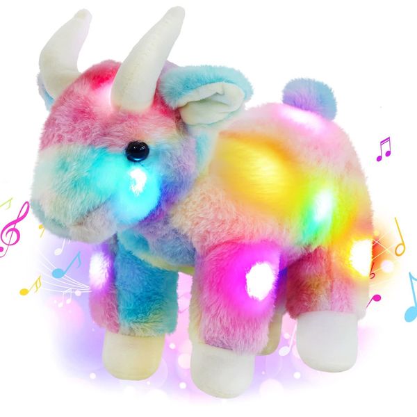 Muñecas de peluche 28 cm Rainbow Musical Peluches Muñeca de cabra con luz LED Regalo Animales de peluche Canción de cuna Luminosa para niñas Niños Niños 230921