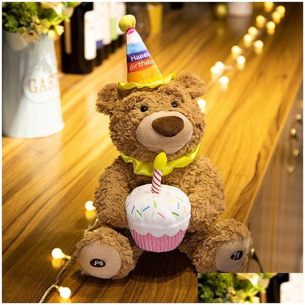 Muñecas de peluche 37 cm lindo oso muñeca eléctrica sombrero de cumpleaños Teddy Sing juego interactivo decoración del hogar regalo para niños bebé educación temprana juguetes Drop D DH7OV