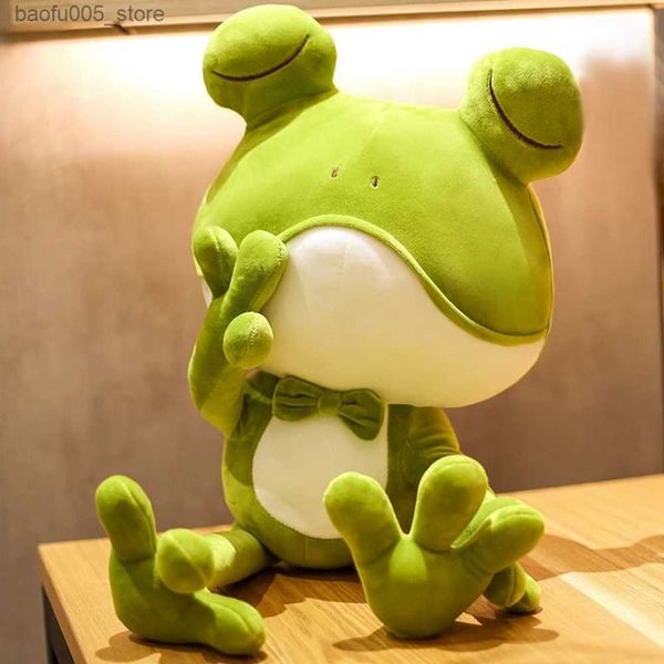 Poupées en peluche 38-50 cm mignon grenouille endormie en peluche oreiller ludique arc vert plissant les yeux lit apaisant poupée de chiffon enfants cadeau d'anniversaire Q230913