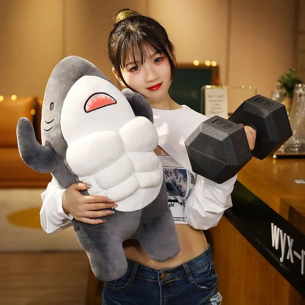 Poupées en peluche 45-60 cm Kawaii drôle muscle requin en peluche câlin oreiller peluche animal requin peluches poupée cadeau poupée pour garçons fille 231031