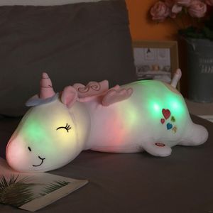 Pluche poppen 60 cm schattig gloeiend LED -licht eenhoorn pluche speelgoed heerlijk luminous dieren eenhoorn kussen gevulde poppen voor kinderen kinderen kerstcadeaus 230523