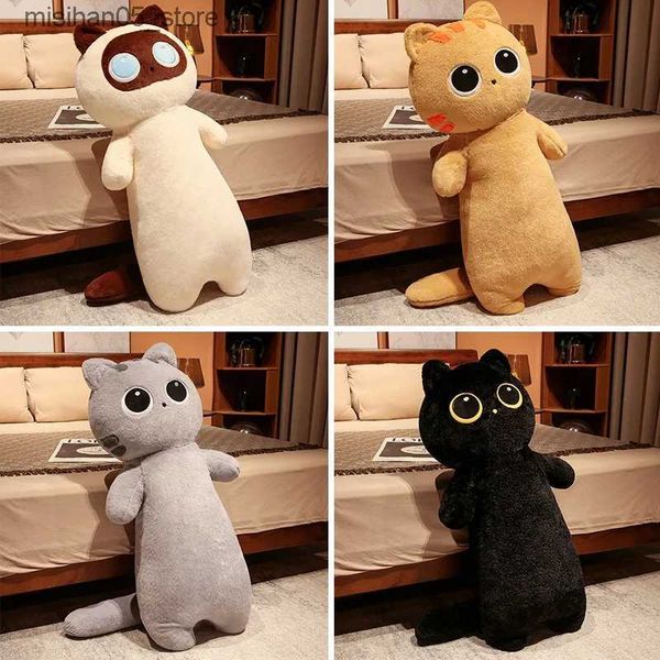 Poupées en peluche 65 cm de long Kawaii gros yeux chat en peluche oreiller de couchage doux dessin animé rempli animal chat poupée cadeau pour enfants décoration de la maison Q240322