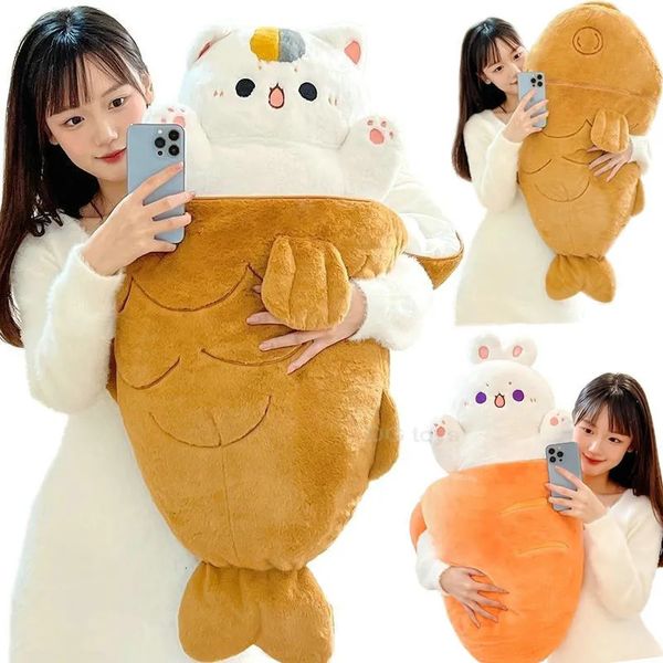 Muñecas de peluche 80x45 cm Kawaii Taiyaki Cat Toy Conejo escondido en zanahoria Perro Big Bone Ferry Animal Lanzando almohada para niña 231122