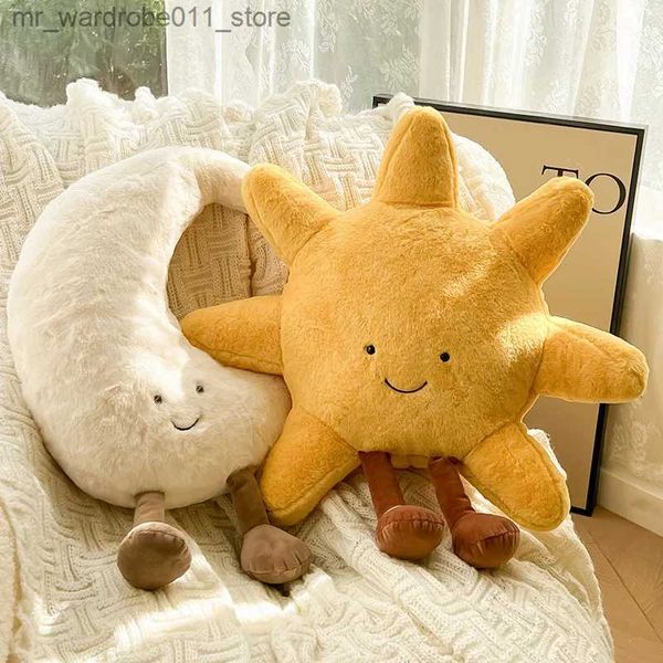 Muñecas de peluche adorable cara de sonrisa luna blanca sol amarillo peluche relleno lindo dibujos animados clima juguete de peluche para decoración de dormitorio para niños sofá almohada Q231215