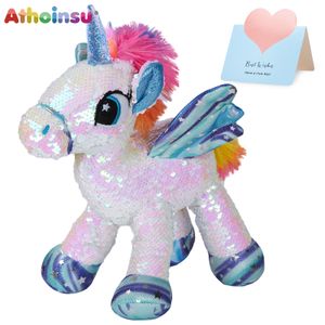 Poupées en peluche Athoinsu Sequin Licorne Fourrure Jouets Double face Changement de couleur Animal en peluche Oreiller Cadeau d'anniversaire mignon pour les filles 230823