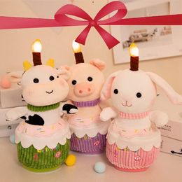 Poupées en peluche dessin animé gâteau d'anniversaire jouets Kawaii Animal lapin cochon lapin vache poupée peut chanter et Flash enfants cadeau de noël 231009