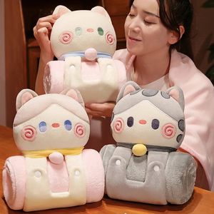 Pluche Poppen Cartoon Kawaii Knuffel Kat Slapen Kussen Deken 2 in 1 Leuke Dieren Zacht Gevuld Kussen 231211