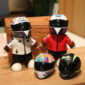 Pluche Poppen Creatieve Motorfiets Teddybeer Speelgoed Gevuld met Helm Jas Kleding Zacht Kussen Kids Jongens Gift Present 221107