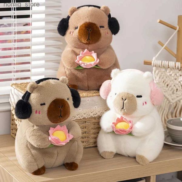 Poux en peluche mignon capybara jouet en peluche animaux en peluche capybara tenir lotus fleur blanc singe soft poupée enfants toys anniversaire cadeau de Noël y240415