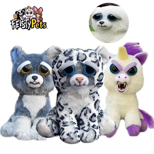 Muñecos de peluche cara divertida que cambia juguetes suaves para niños leopardo de las nieves peluche unicornio animal enojado perro muñeca oso panda 230323