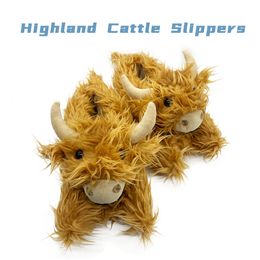 Pluche poppen Highland Cow Slippers Pluche Schotse vee slippers bruin winter warme huis slipper kawaii dierenschoenen volwassen plushie cadeau 230227