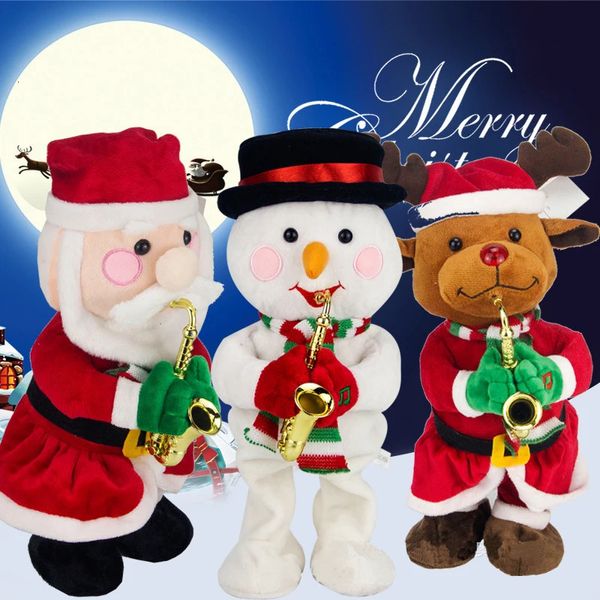Poupées en peluche Père Noël chantant et dansant Noël jouet en peluche électrique bonhomme de neige élan de Noël soufflant le saxophone chantera des cadeaux de danse 231121