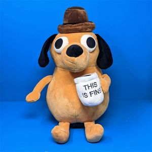 Poupées en peluche This Is Fine Dog Plush Toy Meme Coffee Cup Puppy Plushie Figure Animal en peluche Poupée douce Cadeau pour enfants Enfants Fans d'anniversaire 230523