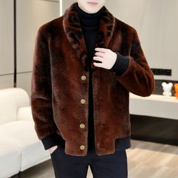 Chaqueta de cuero esponjosa de felpa, chaqueta térmica de gran tamaño para hombre, chaqueta con panel de solapa en contraste para hombre, abrigo corto marrón de visón de piel artificial de invierno S-4XL