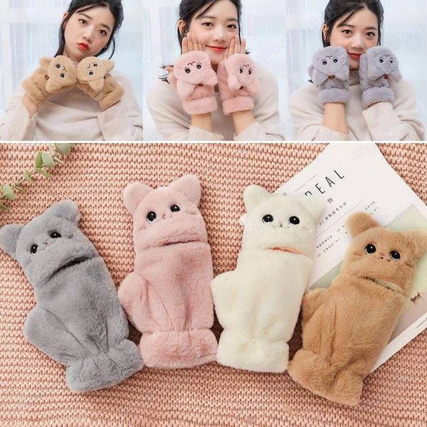 Gants en peluche femmes hiver fourrure mitaines de lapin mitaines sans doigt doux épais chat fourrure demi-doigt gants