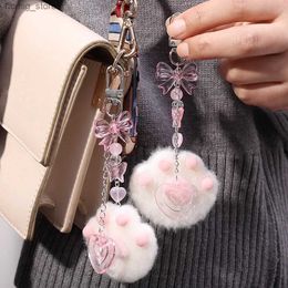 Plush Keychains 1/2pcs Leuke pluche cartoon Cat Claw Keychain Soft Wit Pink Key Ring Paar Backpack Car Pendant Decoratie Keyholder Lolita Y240415