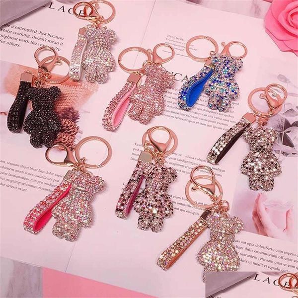 Porte-clés en peluche Fantaisie Strass Strass Diamant Ours Animal Porte-clés Bracelet En Cuir Porte-clés De Voiture Sac Pendentif Drop Delivery Jouets Cadeau Dhs35