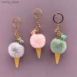 Plush Keychains Pompom Ice Cone Keychain Cute Fluffy Plush Doll Key Chains Dames Girl Bags Keyring Cars Key Ring Gift Charmante decoratie Y240415