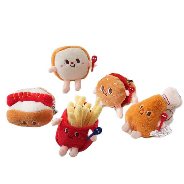 Porte-clés en peluche En gros 40 pcs/lot mignon 10 cm Hamburger chien frites jouets en peluche peluche petit pendentif porte-clés jouer maison nourriture cadeaux 230921