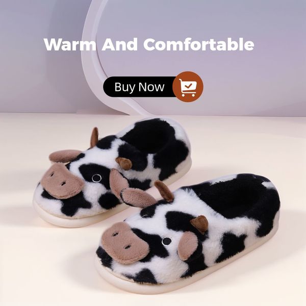 Pantoufles en coton de vache à imprimé léopard en peluche, pantoufles de dessin animé mignonnes et chaudes antidérapantes, chaussures de claquettes intérieures antidérapantes, chaussures en coton 2024