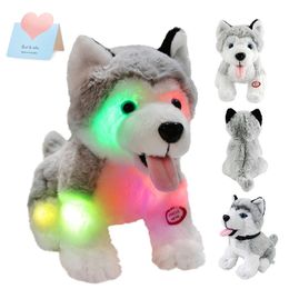 Pluche oplichtend speelgoed 26 cm gevulde husky pop speelgoed puppy hond zacht grijs kussen met LED-nachtverlichting dieren verjaardag voor meisjes kinderen 231207