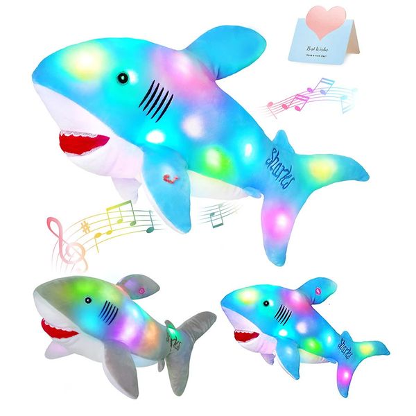 Плюшевые игрушки с подсветкой 50 см Светящаяся акула Фаршированная светящаяся светодиодная плюшевая игрушка Светящаяся игрушка Высококачественная сине-серая кукла-акула Подушка Подарки для детей ПП Хлопок 231212
