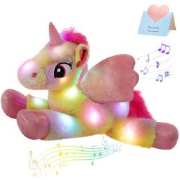 Jouets lumineux en peluche arc-en-ciel LED jouets musicaux coussins licorne berceuse doux animaux en peluche cadeau d'anniversaire pour enfants filles jouet lumineux 231123