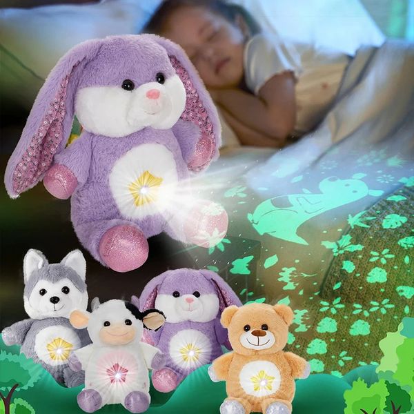 Peluche Light Up Toys Proyector de habitación Husky Bear Toys Doll Cotton Throw Pillows Animales de peluche para niñas Glowing Bunny Atmosphere 231207