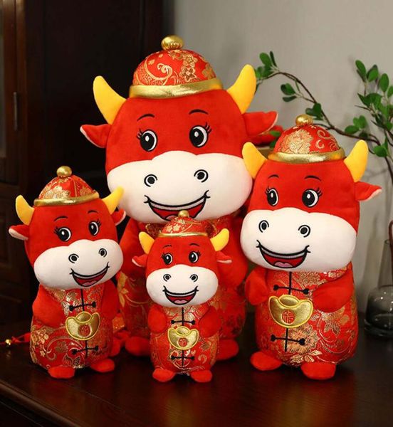 Boîte de bœufs en peluche Animaux en peluche Toys Mascotte animale 2021 Nouvel An chinois Cadeaux zodiaques jaunes rouges 22cm 27cm6528169