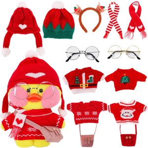 Oreillers en peluche coussins 30 cm Lalafanfan canard jaune vêtements animaux série de noël Kawaii mignon pull chapeau écharpe bandeau poupée accessoires jouets 231027