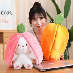Plush Pillows Cushions 35cm Creative Funny Doll Carrot Rabbit Toy Stuffed Soft Bunny Hiding in Strawberry Bag Toys for Kids Girls Birthday Gift 230628