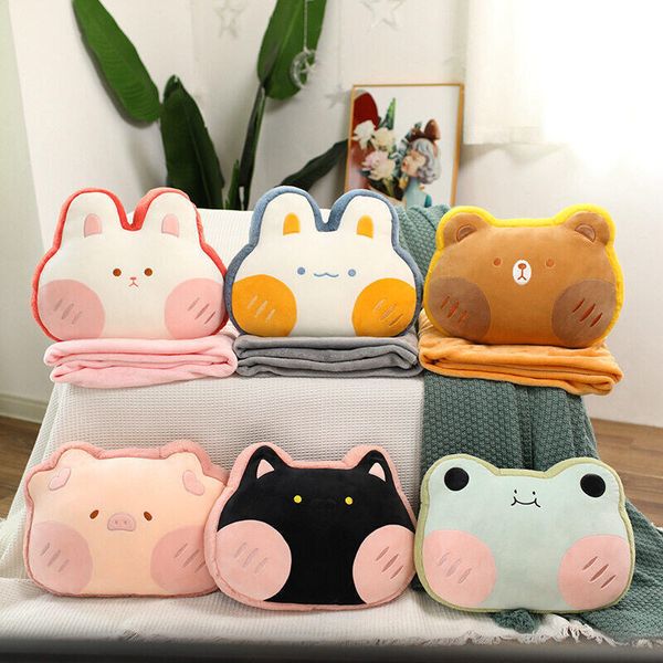 Oreillers en peluche coussins 40 cm * 30cm kawaii squishy down coton rempli d'animaux forêts en peluche poupée ours grenouille lapin chat cochon 2 en 1 couverture de flanelle enfants 230817