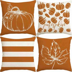 Oreillers en peluche coussins automne taie d'oreiller feuille de citrouille rayé oreiller automne décoration Thanksgiving Orange housse de coussin canapé décoration de la maison YQ231004