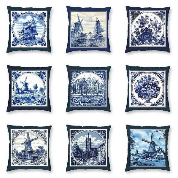 Cojines de felpa con estampado de molinos de viento de velero azul holandés de Delft, funda de almohada cuadrada para decoración del hogar, funda de almohada para sala de estar YQ231003