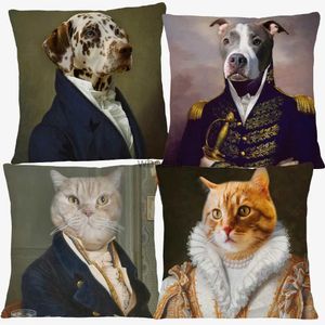 Almohadas de felpa Cojines Europeo Retro Vintage Pintura al óleo Perros Retratos Póster Funda de cojín Divertido Lindo Perro Gato Imprimir Piso Funda de almohada YQ231004