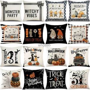 Almohadas de felpa Cojines Decoraciones de Halloween Funda de cojín 45 cm Funda de almohada de lino Funda de almohada estampada con telaraña de caramelo de calabaza divertida Funda de almohada para decoración del hogar YQ231003