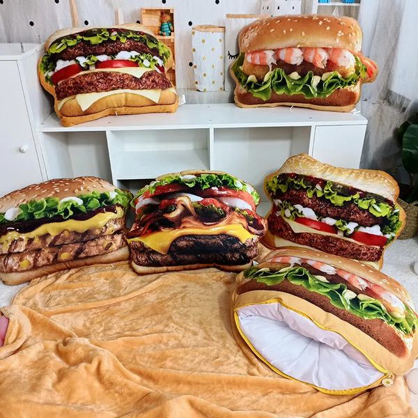 Almohadas de felpa Cojines Almohada de hamburguesa de felpa realista Juguete Simulación Relleno de comida rápida Hamburguesa Almohada con manta 2 en 1 Cojín 231017