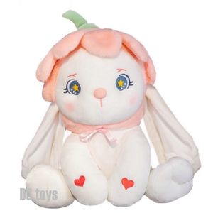 Almohadas de felpa Cojines Pétalo de melocotón Forma de flor sombrero Corazón rojo Conejito PLushie Relleno Ojos grandes Lolita Conejo blanco Juguete Regalo de peluche para niña Nacimiento 230603