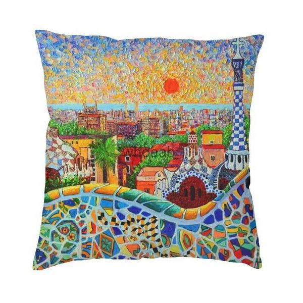 Almohadas de felpa Cojines Ciudad de España Vista de Barcelona al amanecer Parque Güell de Gaudí Funda de almohada Pintura al óleo decorativa para el hogar Funda de cojín artística Funda de almohada YQ231004